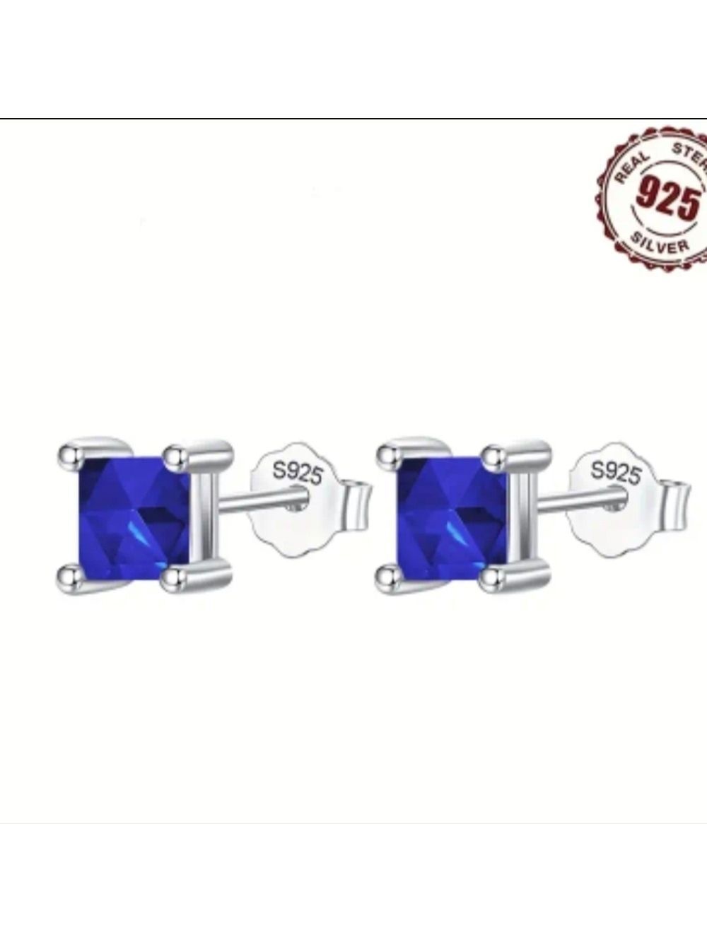 Earrings--Tiny Square 925 Sterling Silver Deep Blue Zircon Studs
